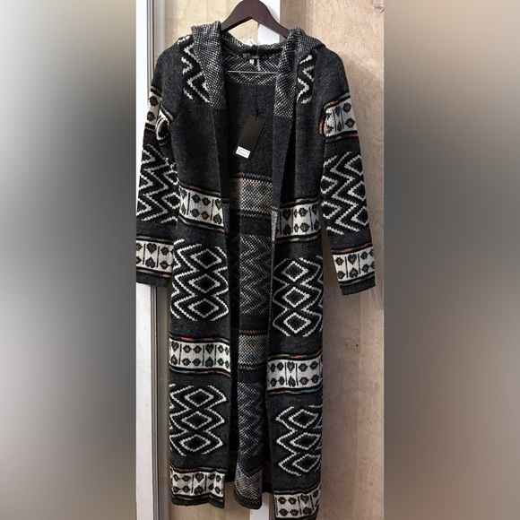 Slonl Sweaters - Slonl Black Patterned Sweater Hooded Cardigan(B 38”L 48”)